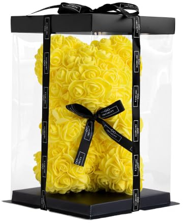 Infinity® Rosenbär Gelb 25 cm – Handgefertigter Bär mit Geschenkbox & über 300 duftenden 3D-Rosen – Geschenk für Frauen, Geburtstag oder Jahrestag