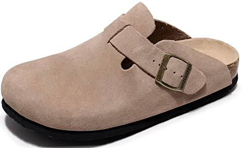 guoluofei Zoccoli da Donna in Vera Pelle Scamosciata e Pelle con Supporto per L'Arco, Plantare in Sughero Morbido, Memory Foam, Fibbia Regolabile, Sandali per Patate comode