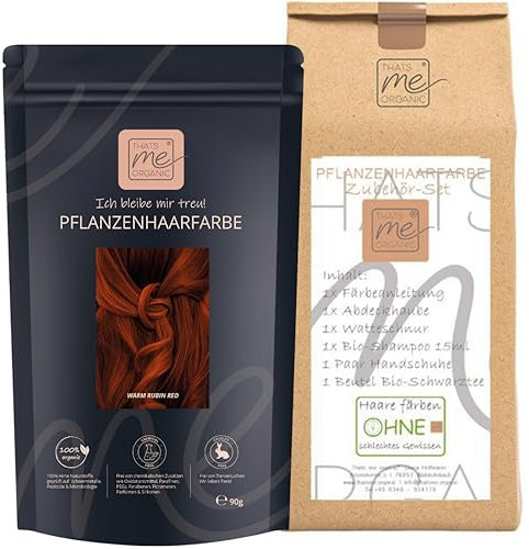 Thats me Organic® Profi Pflanzenhaarfarbe + Zubehörset (warm rubin red) – Bio Haarfarbe ohne Chemie – Haarfarbe für gesundes Haarefärben auch während Schwangerschaft und Stillzeit