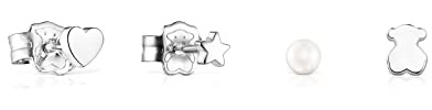 TOUS Pack 4 Pendientes de Plata de Primera Ley para Mujer con Perla Cultivada y Motivos de Oso, Corazón, Estrella y Perla con Cierre de Presión, Elegante y Versátil, Colección Cool Joy