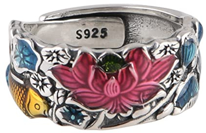 WLLDDDIU Anillo Plata 925 Damas,925 Mujeres De Plata Esterlina Marea Nacional Étnicos Anillos Ajustables Goteo Esmalte Lotuss Koi Anillos Ajustables Energía Encanto Boda Joyería Regalos Para