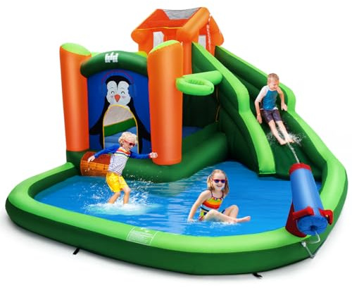 COSTWAY Hüpfburg mit Rutsche, Kletterwand, Planschbecken, Wasserkanone & Basketballring, Wasserpark zur Nass- & Trockenanwendung, inklusive Reparaturset, Tragetasche, 370 x 300 x 190 cm, Grün