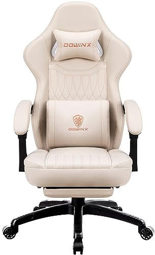 Dowinx Gaming Chair with Spring Cushion,Racing Gamer Chair with Massage Lumbar Support, Ergonomic Gaming Armchair with Footrest Office Chair PU Leather White