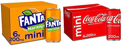 Fanta Naranja - Refresco con 8% de zumo de naranja, bajo en calorías - Pack 6 mini latas 200 ml & Coca-Cola Sabor Original, 6 x 200ml