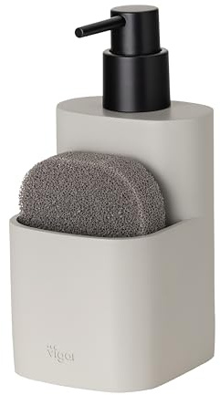 VIGAR - Dispensador Jabon Cocina y Esponja - 8,3 x 9,3 x 17,7 cm - Pocket - Dosificador de Jabón con Bolsillo para Estropajo - para Fregar Platos - Verde Claro y Negro