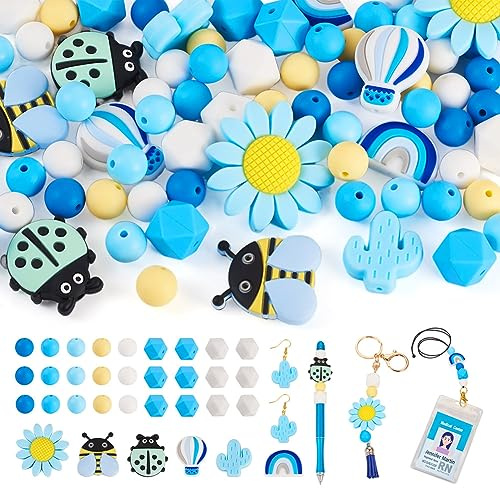 Boutigem Lot de 74 perles rondes octogonales hexagonales en silicone pour la fabrication de bijoux, SIL-TA0001-39-BG-EU, Forme mixte