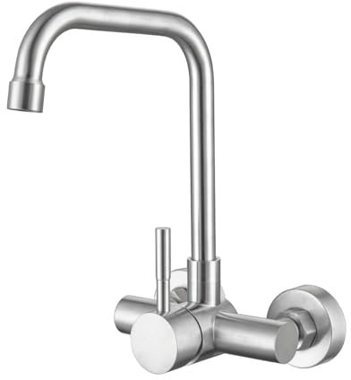 ONECE Grifo Cocina en la Pared 11 cm Distancia Entre Orificios de Montaje, Grifería a Muro Rotación de 360​°, Mezclador Monomando de Fregadero Acero Inoxidable 304, Aireador Extraíble