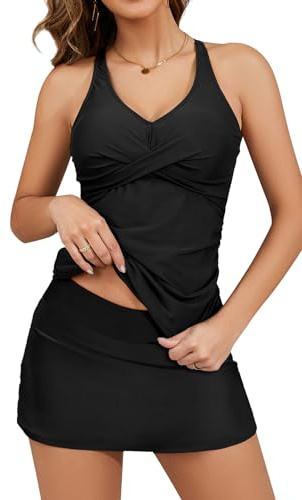 SHEKINI Conjunto de tankini para mujer, diseño entallado de dos piezas, con falda y falda de tallas grandes, Negro , L