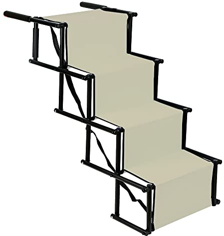 Belfoye Rampa de coche plegable para perros, escalera a 4 escaleras para mascotas de compañía, para perros pequeños y grandes, cargable hasta 75 kg (Beige)