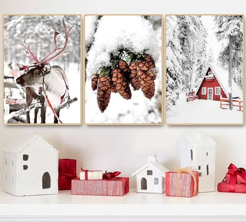 3er Winter Poster Set, Moderne Schneelandschaft Wandbilder Bilder Kunstdrucke Elch, Tannenzapfen, Holzhäuser, Schneemänner Bilder, Wanddeko Wohnzimmer & Schlafzimmer, ohne Bilderrahmen (ABC,40x50cm)