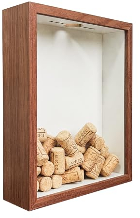 Wood Wine Cork Shadow Box 10.5 x 8.5 Holder Frame, Top Loading Slot for Home & Bar Décor, Free Standing or Wall Mounted Collection Box ,Walnut Color.