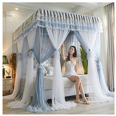 EsEntL 4 Ecken Pfosten-Himmelbett-Vorhang, Prinzessin, bestickte Spitze, Rüschen, Betthimmel, Betthimmel-Vorhang für Mädchen und Erwachsene, Doppellagiges, durchsichtiges Mesh-Moskitonetz (Farbe: G