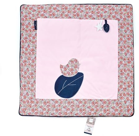 DOUDOU ET COMPAGNIE Tapidou Teppich mit Blumenmuster, Rosa, Blumenmuster, 100 x 100 cm, für Babys von 0 – 6 Monaten, Krabbeldecke, Komfort, Spiel und Motorik, gepolsterte Matte, geeignet für den