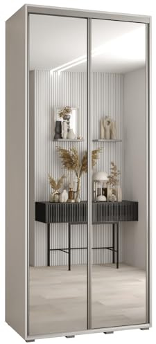 MEBLE KRYSPOL Cannes 2 Moderner Schrank mit 2 Schiebetüren mit Kleiderstange, Regalen und Spiegel - Aufbewahrungsschrank für Schlafzimmer, Wohnzimmer - 205,2x110x45 cm - Weiß Weiß Silber