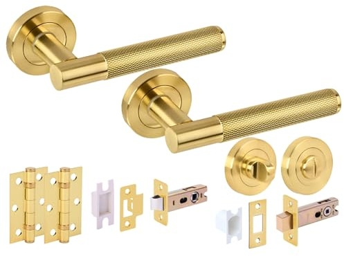Hunta HANDLEZONE® Evo Knurled Grip Door Handles on Rose Bathroom Deadbolt Pack with Standard Turn Set, 76mm Lock and Latch, 75mm Ball Bearing Hinges - Brushed Brass