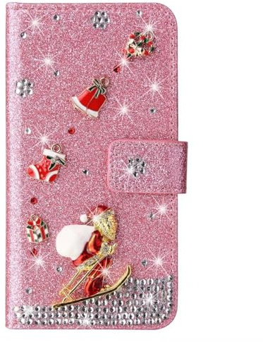 Handyhülle für iPhone 15 Plus, Glitzer Diamant Hülle Weihnachten Leder TPU Bumper Klapphülle Magnetverschluss Kartenfach Ständer Geldbörse mit Trageband Hülle für iPhone 15 Plus, Rosa