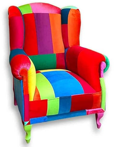Viva los Colores – Öronfåtölj med färgglatt lapptäcke – öronfåtölj för vardagsrum – snygg, färgglad öronfåtölj i vintagedesign