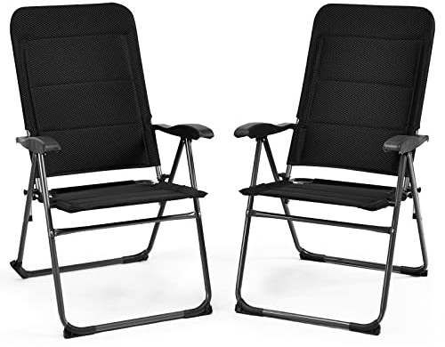 COSTWAY 2er Set Gartenstühle, Klappstühle mit 7-Fach Verstellbarer Rückenlehne, klappbare Balkonstühle, Hochlehne, atmungsaktiv, gepolstert, Outdoor-Stühle für Garten, Terrasse, Hinterhof, Schwarz