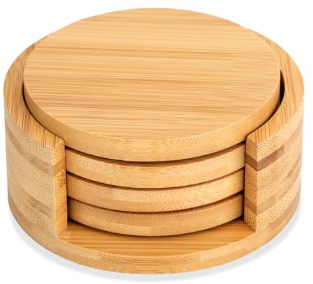 WLWNWFT Bambus Untersetzer für Gläser 4er Set, Runde Bambus Glasuntersetzer mit Halter, für Getränke, Bar, Tassen, Glas - Gläseruntersetzer Tassenuntersetzer Holz für Küche Tisch