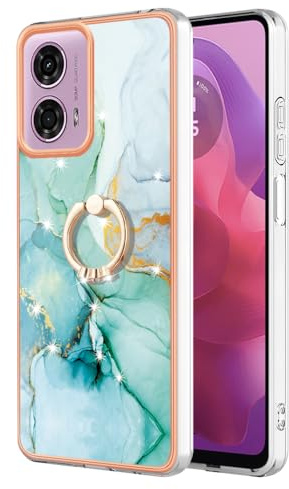 Reevermap Motorola Moto E14 Case with Ring Holder, Shockproof Silicone Marble Phone Cover Kickstand Soft Metallic TPU Rubber Bumper Case for Motorola Moto E14, Green