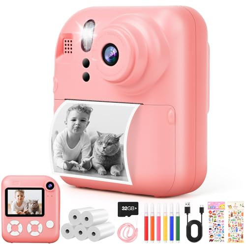 Yabtf Sofortbildkamera für Kinder mit Drucker | 2,4 Zoll (6 cm) Display | 48MP Fotos & 1080P Video | Inkl. 32GB Karte, 5X Druckpapier, 6 Stifte, Sticker | Geschenk für Kinder 3-12 Jahre