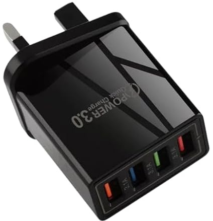 4-Port Fast USB Wall Charger 3.0 Quick Charge Hub Adapter for Phones, Tablets | UK Plug (Black)