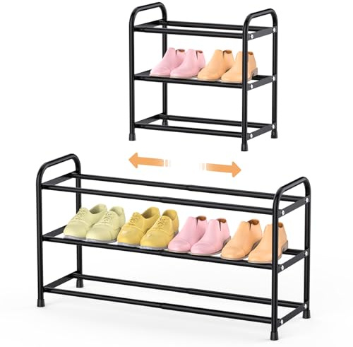 isightguard 3 Tier Expandable Shoe Rack for Closet Floor, (16.5-30.3 W) Adjustable Metal Shoe Shelf Organizer, Sturdy Small Shoe Stand for Entryway & Cabinet, Fits 6-12 Pairs, Black