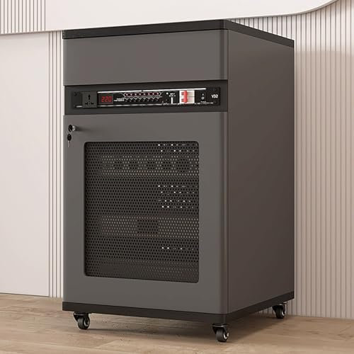 JIAOCKJIAO Phonoschrank, Stereoschrank mit Schublade, Audio Rack Hi Fi Regal mit Kabelloch, Bewegliches Record Player Stand mit Türschloss, mit Verstellbaren Regalen(Gray,52x55x90CM)