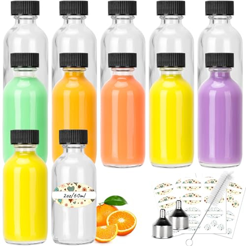 60 ml miniglasflaskor med lock, 12-pack snapsflaskor för fyllning, små flaskor med tratt för eteriska oljor, ingefära, sprit, likör och andra drycker