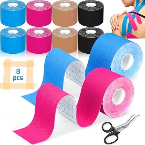 EUZLABBY 8 Rollen Kinesiotapes,Kinesiologie Tape Rollen(5m x 5cm),mit Spezielle Schere,Elastische Binde,für Muskelunterstützung,Physio Tape für Schulter,Rücken,Knie,Sport Tape Set.(bunt)