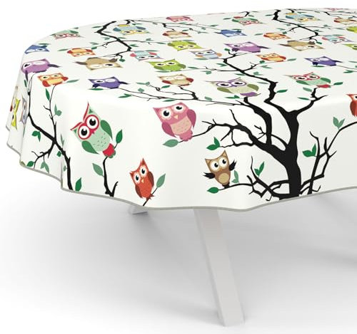 ANRO Wachstuchtischdecke Wachstischdecke Wachstuch Tischdecke abwaschbar Gartentischdecke Rund Oval Eckig Oval 160x140cm mit Saum (Eingefasst) Eule