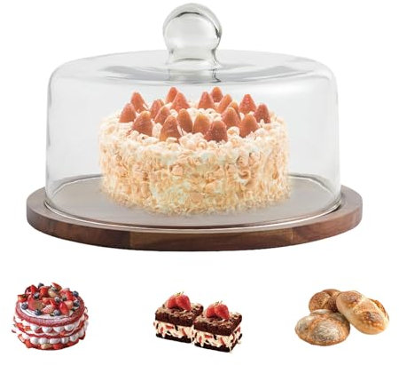 Acacia Wooden Cake Display Stand with Right-angle Glass Lid 11.5/29.5cm Acacia Wood Pastry Cake Plate Glass Cake Display Cover Container Wood Cake Plate Dessert Serving Stand for Birthday Wedding