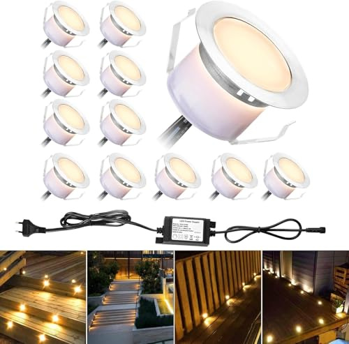SUBOSI 20er Set LED Bodeneinbaustrahler Außen IP67 Wasserdicht 12V 1W Edelstahl, Warmweiß 2800-3200K Terrassenbeleuchtung Bodenleuchten für Garten Terrasse Treppen Auffahrt [Inkl. Netzteil]