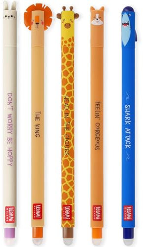 LEGAMI Set mit 5 radierbaren Gelstiften mit thermoempfindlicher Radiertinte, verschiedene Tintenfarben und Schaftdesigns, 0,7 mm Spitze, Hase, Löwe, Giraffe, Corgi und Hai