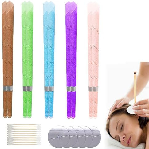 Ear Candles, 10 Pcs Natural Beeswax Ear Candles Kit, Beeswax Hopi Ear Candles for Blocked Ears with 5 Protective Disks+10 Cotton Swab (5 Colors)