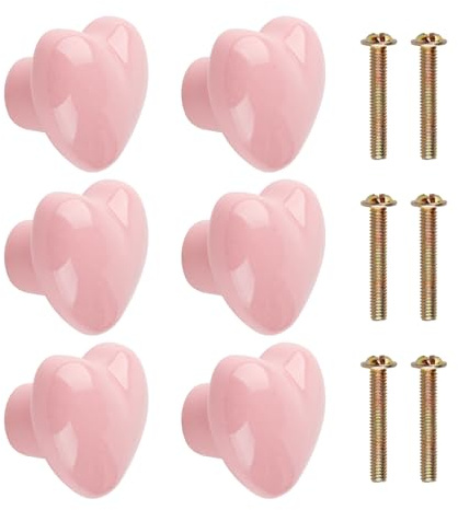 BigKego 6 stycken möbelknoppar hjärtform keramiska lådhandtag skåpknoppar rosa dörrknoppar med skruvar för lådor skåp dörrar kök möbler