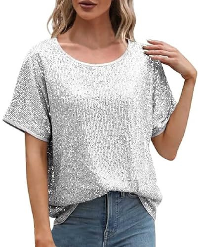 2025 Pailletten-Tops für Damen, glitzernde Glitzer-Blusen, kurzärmelige Pailletten-Shirts für den Urlaub, Clubabend Satin Hose Damen (Silver, XL)