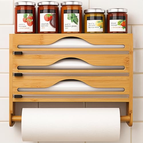 Cling Film Dispenser and Cutter with Kitchen Roll Holder, Foil Dispenser Organizer With Paper Holder Wall-Mount Bamboo Foil & Cling Film Dispenser Compatible with 12'' Rolls or Lower Rolls