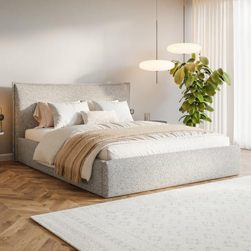 MOTIVENA Leno Bett 140x200 Beige Strukturstoff, mit Stauraum, mit Kopfteil, mit Lattenrost, ohne Füße, mit Matratze H3/H4, Polsterbett 140x200 mit Bettkasten Beige (Mix)