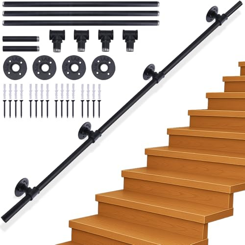 Xyxu Handrails for Stairs, 3.3M Black Banister Handrail Indoor Outdoor Hand Rails for Stairs, Non-Slip Industrial Style Grab stair Hand rails for Elderly with Wall Mounted Fittings –Smooth Welded Ends