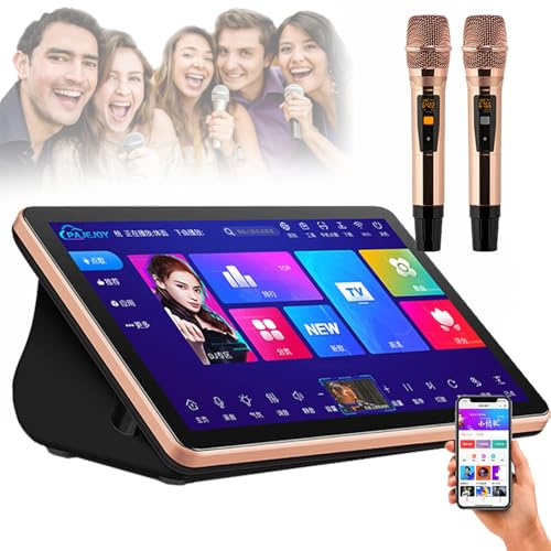 Karaoké Portable 18,5 Pouces, écran Tactile Capacitif, 2 Microphones Sans Fil, Double SystèMe Pour Karaoké, Visionnage De Films, Jeux, Application Compatible, Wechat Et Assistant Vocal,Black-1T