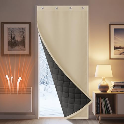 PLODAXE Türvorhang Kälteschutz Selbstklebend, Wasserdicht Dicker Wärmeschutzvorhang Tür Thermovorhang mit Ösen, 1 Stück, Gegen Kälte und Hitzen forür House, Schlafzimmer (Beige, B100xH210cm)