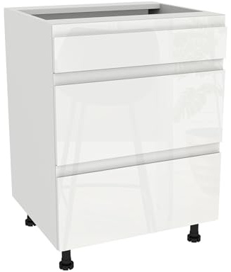 Laclar FREZO Küchen-Unterschrank mit Schubladen - Grifflos - Soft-Close - Hochglanz - Elegante & funktionale Lösung für Ihre Küche - 60x48,5x72 cm - Weiß, Front: Hochglanz Weiß grifflos