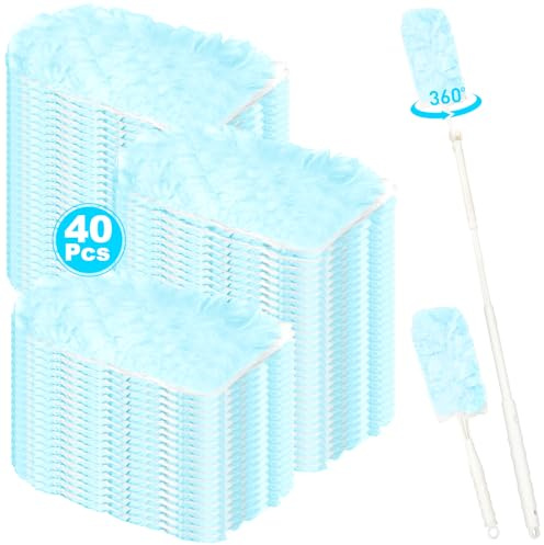 YOMKILU 42 Pezzi Piumini Cattura Polvere Ricariche Compatibile con Swiffer Duster, 360° Spolverare Elettrostatico con 1 Manici Telescopici Lungo e 1 Manubrio Corto, Spolverini per Capelli, Polvere