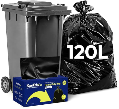 KeenEcho 30 Pack Heavy Duty Black Bin Bags, 120L Large Refuse Sacks – Strong Tear-Resistant Plastic Liners for Construction, Garden & Demolition Debris