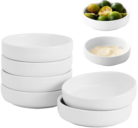 Ciotole per Salsa di Soia, 6 Pezzi Ciotole da Frutta in Porcellana, 9 x 9 x 2,4 cm Rotonde Ciotola per Sushi, Ciotola per Salse Rotonde Impilabili, per Antipasti, Condimenti, Dessert(Bianco)