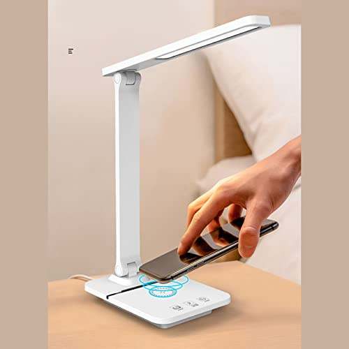 Diyeeni Lámpara de Escritorio USB con Cargador Inalámbrico de 15 W, 3 Lámparas Ajustables de Temperatura de Color para Oficina en Casa, Luz de Escritorio Regulable Continua con