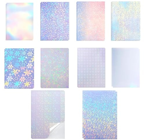HSYTEK 20 Blatt Holografische Folie A4, Glitzerfolie Selbstklebend mit 10 Styles Gemischt, Klebefolie Transparent, Klare Hologrammfolie für Bastelarbeiten, DIY Dekoration