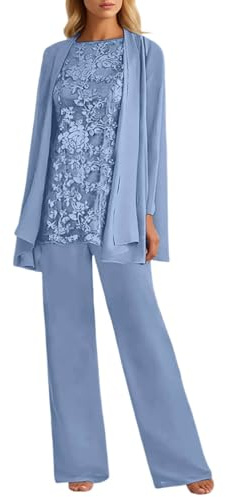Generico Completo Tre Pezzi Donna Taglie Forti Pantaloni Lunghi In Pizzo E Seta Fiorata Maniche Lunghe Per Invitati Di Matrimonio Ed Eventi