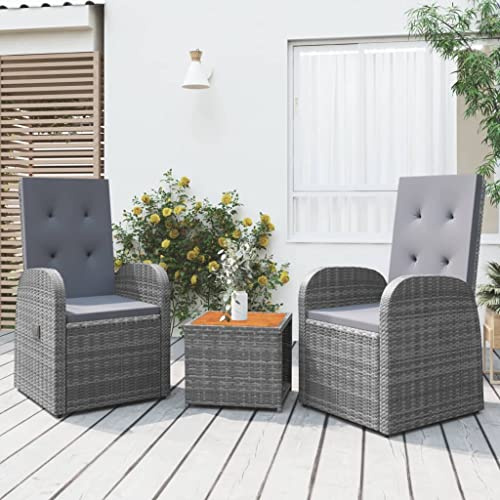 sephironlbb 3-TLG. Garten-Lounge-Set Grau Poly Rattan mit Massivholz Akazie Tisch und 2 Stühlen, wetterfestes Polyrattan Sitzgruppe mit Kissen für Balkon Terrasse Outdoor Essgruppe